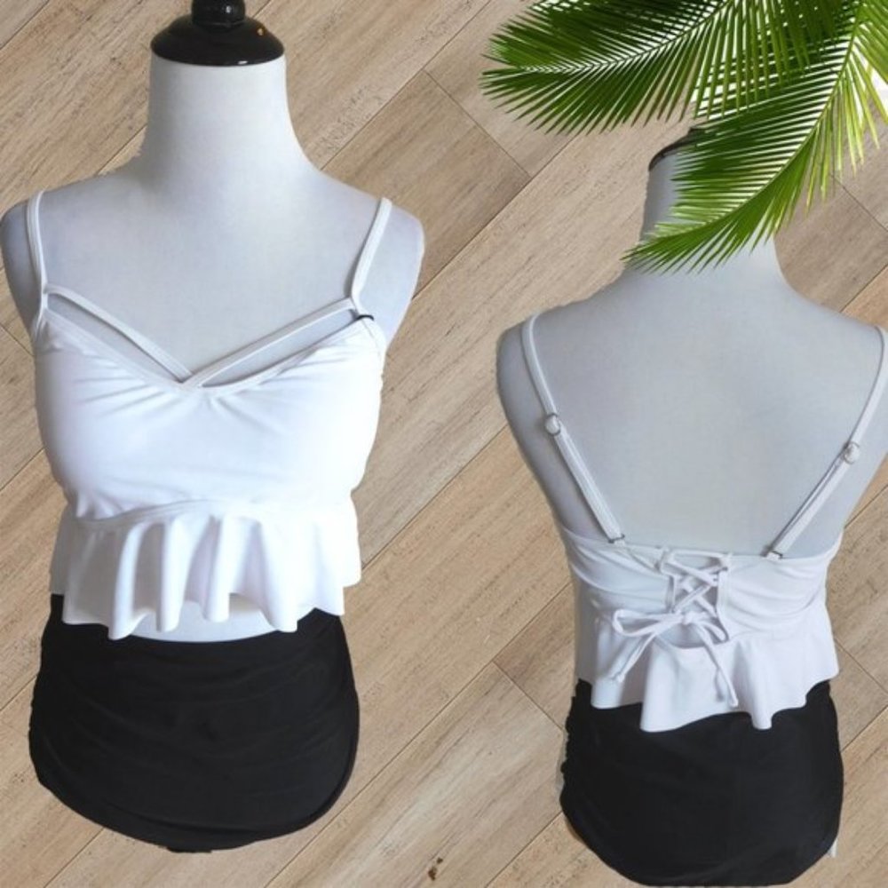 BLACK & WHITE RUFFLED HEM TWO PIECE SWIMSUIT